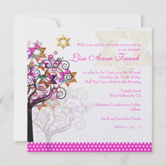 PixDezines PINK TREE OF LIFE BAT MITZVAH INVITES Kaart (Achterkant)