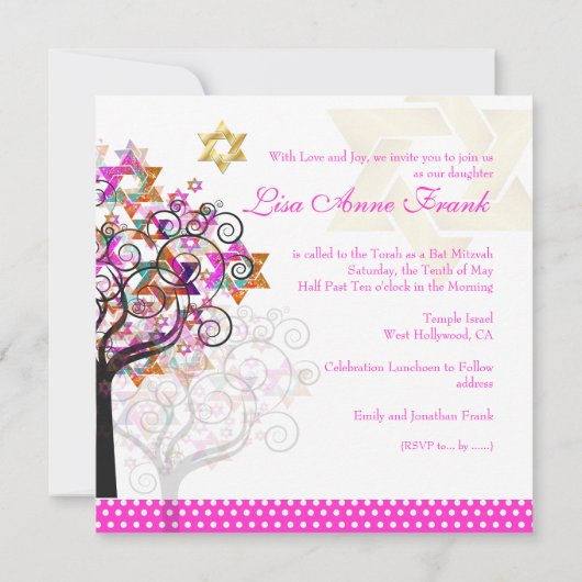 PixDezines PINK TREE OF LIFE BAT MITZVAH INVITES Kaart (Achterkant)