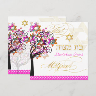 PixDezines PINK TREE OF LIFE BAT MITZVAH INVITES Kaart