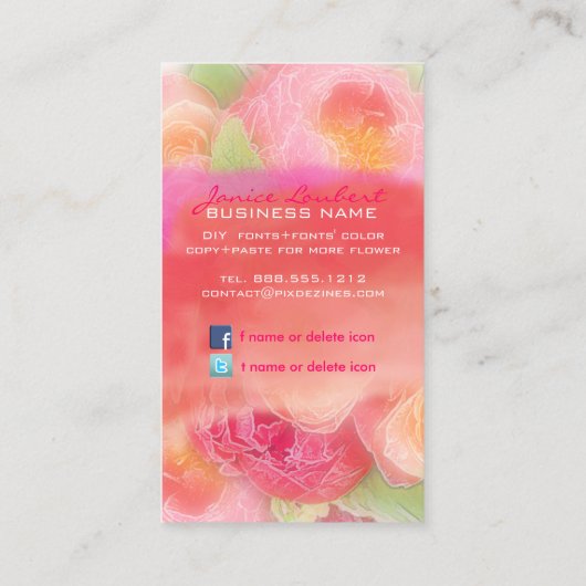 PixDezines pioenrozen boeketten/doe-het-zelf achte Visitekaartje (Achterkant)