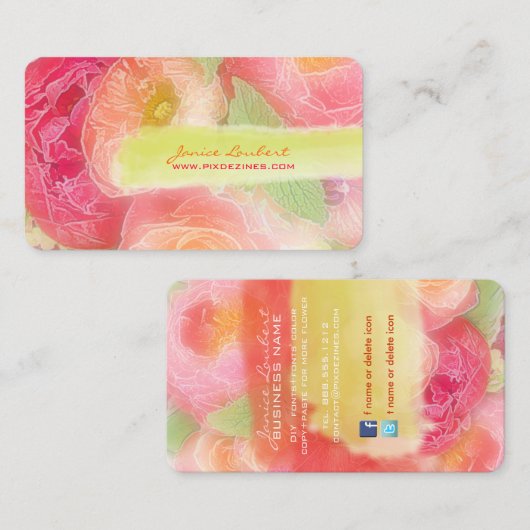 PixDezines pioenrozen boeketten/doe-het-zelf achte Visitekaartje (Voorkant / Achterkant)