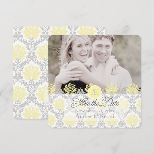 PixDezines pique damask/yellow/grijs Save The Date (Voorkant / Achterkant)
