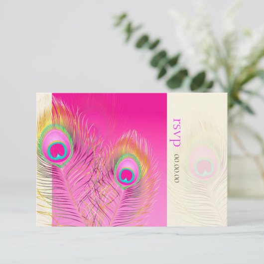 PixDezines Pizzazz Peacock Feather RSVP Kaartje (Staand voorkant)