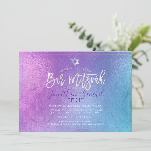 PixDezines Platinum Ombre Blauwgroen Bar Mitzvah Kaart (Staand voorkant)