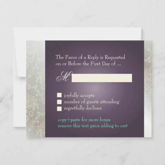 PixDezines plum+Silver Rsvp, dolcè damask RSVP Kaartje (Achterkant)