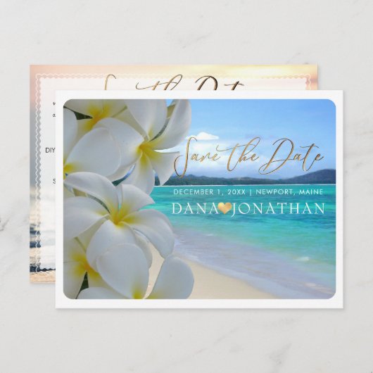 PixDezines Plumeria+Beach Bewaar de datum Briefkaart (Voorkant / Achterkant)