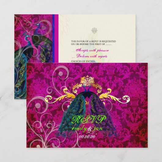 PixDezines psychedelische paukveer/hete roze RSVP Kaartje (Voorkant / Achterkant)