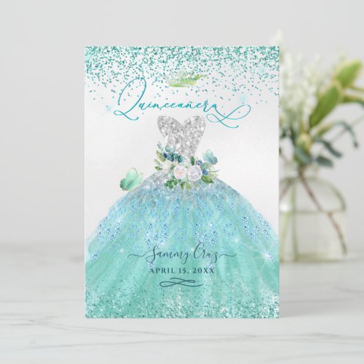 PixDezines Quinceanera Aqua Blauwgroen Glitter Gow Kaart (Staand voorkant)