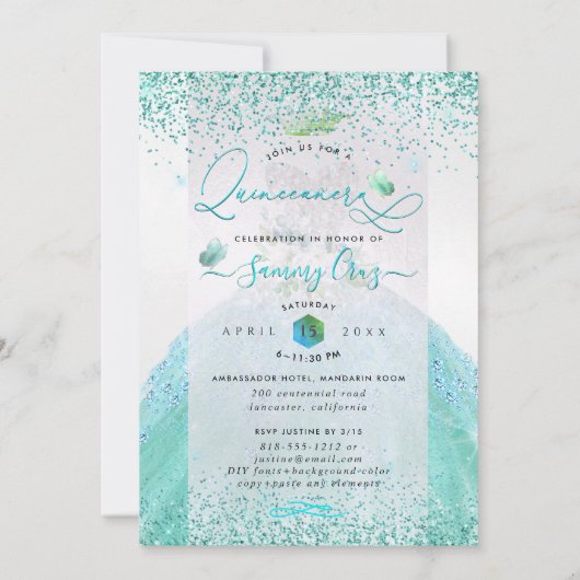 PixDezines Quinceanera Aqua Blauwgroen Glitter Gow Kaart (Achterkant)