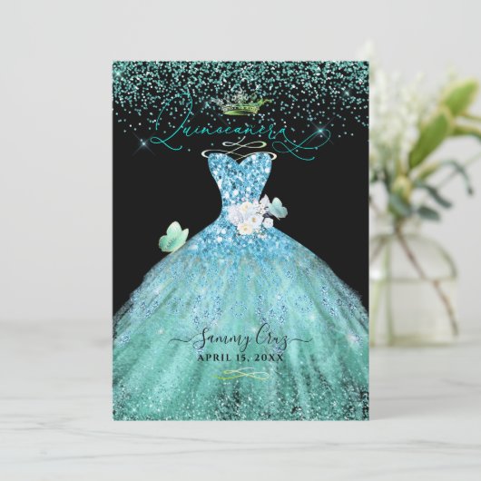 PixDezines Quinceanera Aqua Blauwgroen Glitter Gow Kaart (Staand voorkant)