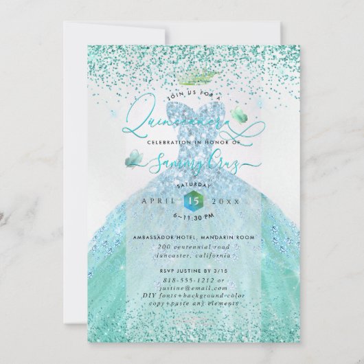 PixDezines Quinceanera Aqua Blauwgroen Glitter Gow Kaart (Achterkant)