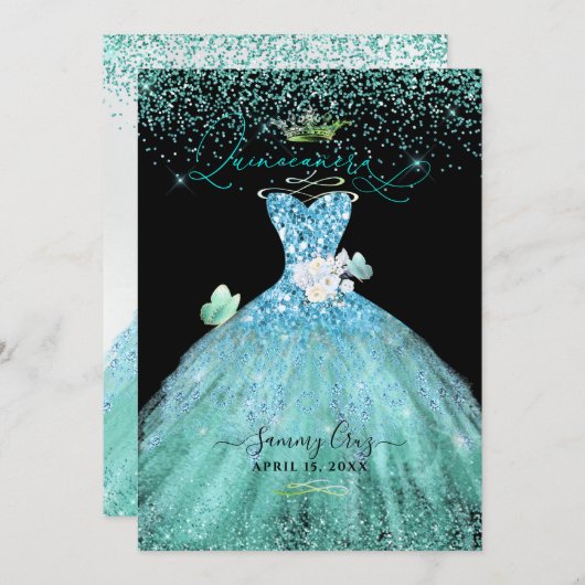 PixDezines Quinceanera Aqua Blauwgroen Glitter Gow Kaart (Voorkant / Achterkant)