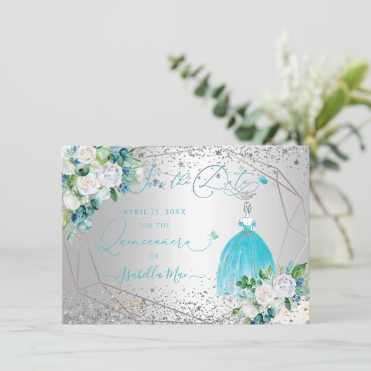 PixDezines Quinceanera Aqua Blue Dress Opslagdatum Kaart (Staand voorkant)