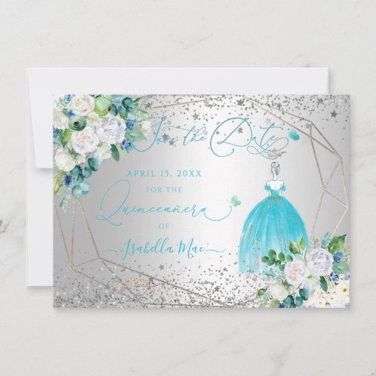 PixDezines Quinceanera Aqua Blue Dress Opslagdatum Kaart (Voorkant)