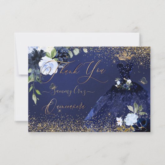 PixDezines Quinceanera Bedankt Navy Blauw Goud Kaart (Voorkant)