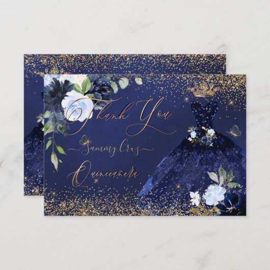 PixDezines Quinceanera Bedankt Navy Blauw Goud Kaart (Voorkant / Achterkant)