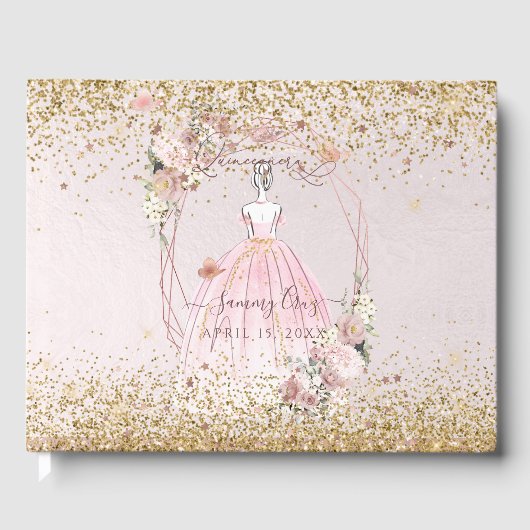 PixDezines Quinceanera Blush Pink Gold H2 Gastenboek (Voorkant)