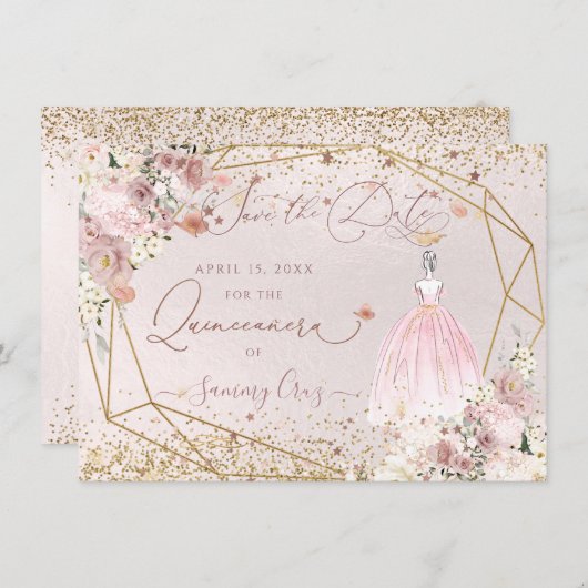 PixDezines Quinceanera Blush Roze sparen de Datum Kaart (Voorkant / Achterkant)