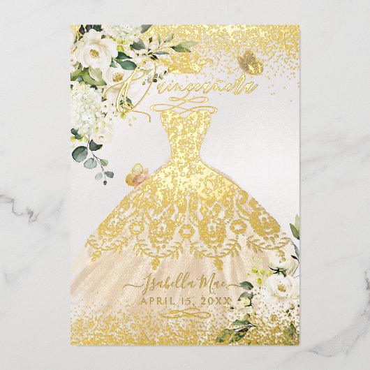 PixDezines Quinceanera Champagne Gold Glitter Gown Folie Uitnodiging (Voorkant)