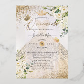 PixDezines Quinceanera Champagne Gold Glitter Gown Folie Uitnodiging (Achterkant)