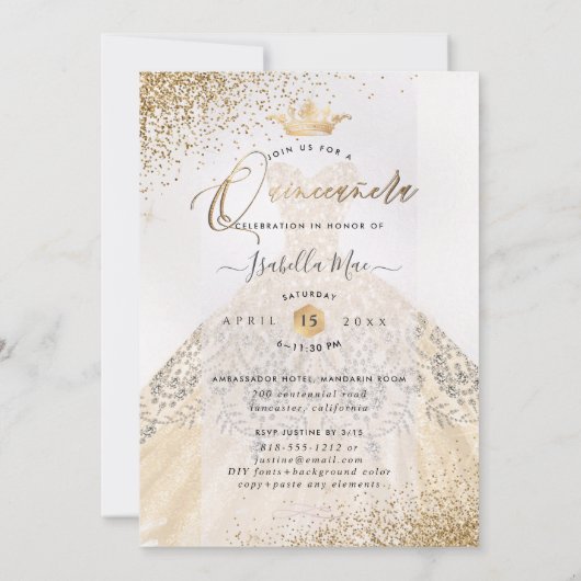 PixDezines Quinceanera Champagne Gold Glitter Gown Kaart (Achterkant)