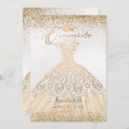 PixDezines Quinceanera Champagne Gold Glitter Gown Kaart (Voorkant / Achterkant)