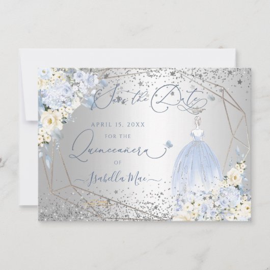 PixDezines Quinceanera Dusty Blue Dress Save Date Kaart (Voorkant)