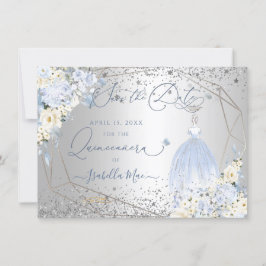 PixDezines Quinceanera Dusty Blue Dress Save Date Kaart