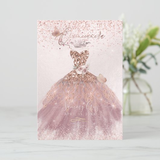 PixDezines Quinceanera Dusty Roos Glitter Gown Kaart (Staand voorkant)