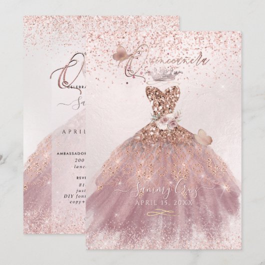 PixDezines Quinceanera Dusty Roos Glitter Gown Kaart (Voorkant / Achterkant)