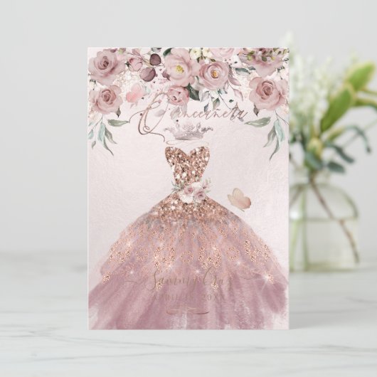 PixDezines Quinceanera Dusty Roos Glitter Gown Kaart (Staand voorkant)