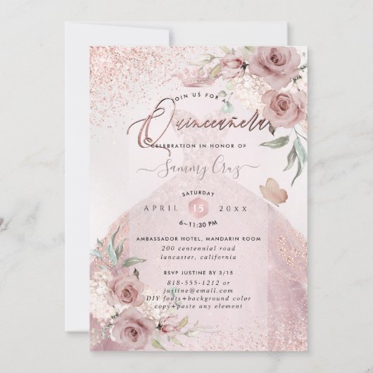 PixDezines Quinceanera Dusty Roos Glitter Gown Kaart (Achterkant)