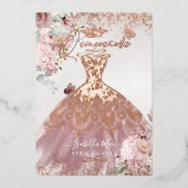 PixDezines Quinceanera Dusty Roos Gold Gown Folie Uitnodiging (Voorkant)