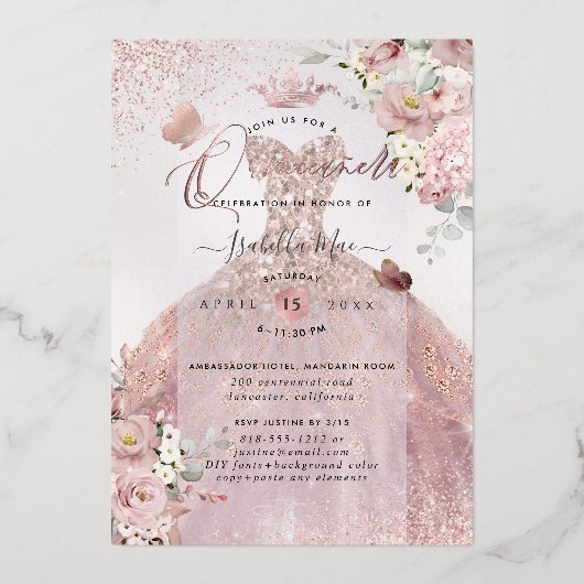 PixDezines Quinceanera Dusty Roos Gold Gown Folie Uitnodiging (Achterkant)