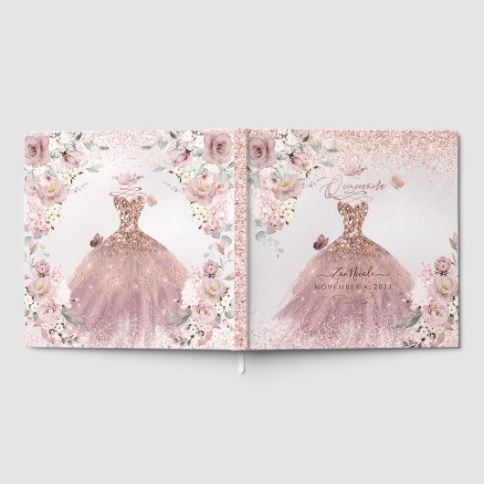 PixDezines Quinceanera Dusty Roos Gold Gown Gastenboek (Volledig)