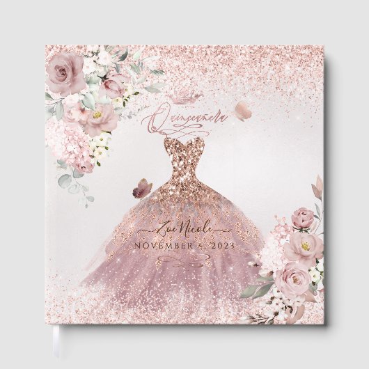 PixDezines Quinceanera Dusty Roos Gold Gown Gastenboek (Voorkant)