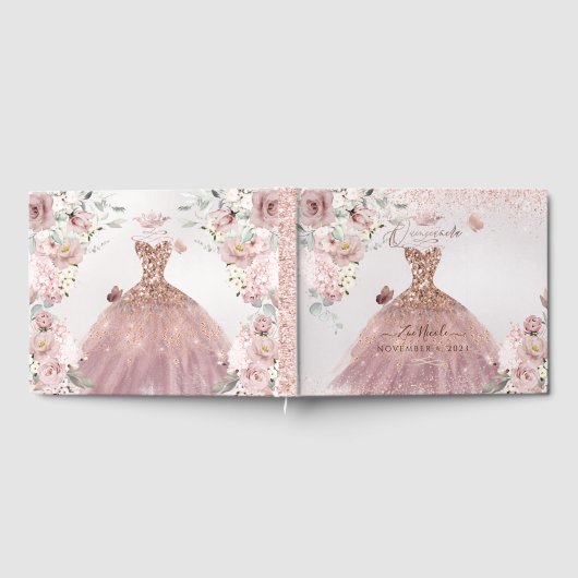 PixDezines Quinceanera Dusty Roos Gold Gown Gastenboek (Volledig)