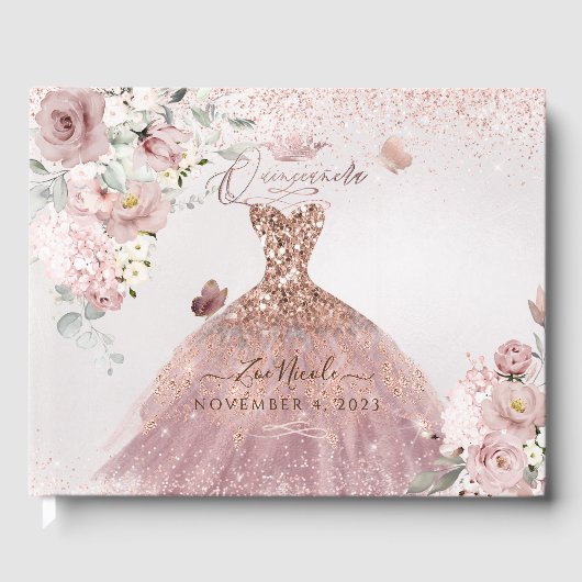 PixDezines Quinceanera Dusty Roos Gold Gown Gastenboek (Voorkant)