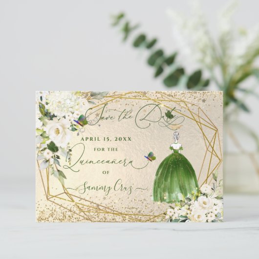 PixDezines Quinceanera Emerald Green Dress-kaart Save The Date (Staand voorkant)