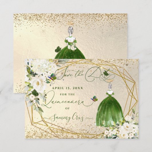 PixDezines Quinceanera Emerald Green Dress-kaart Save The Date (Voorkant / Achterkant)