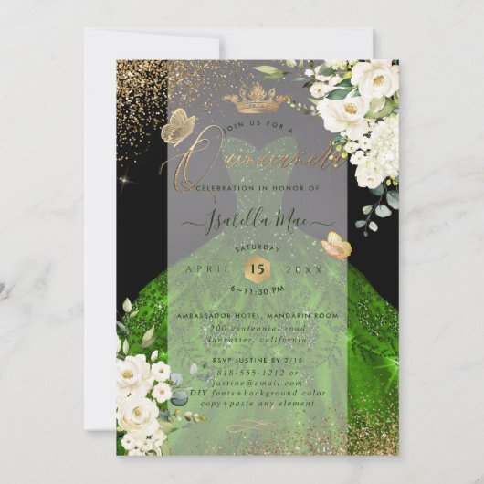 PixDezines Quinceanera Emerald Green Glitter Gown Kaart (Achterkant)