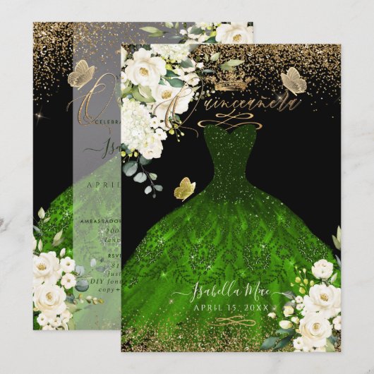 PixDezines Quinceanera Emerald Green Glitter Gown Kaart (Voorkant / Achterkant)