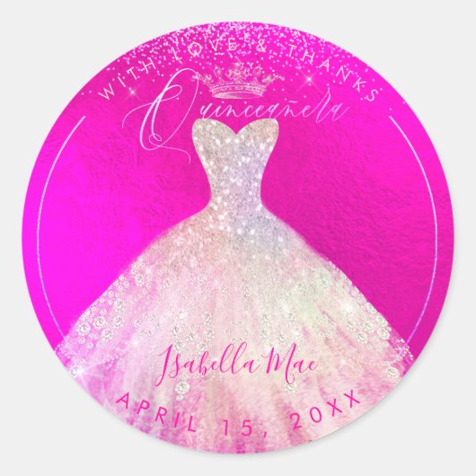 PixDezines Quinceanera Flashy Pink+Sparkle Blush Ronde Sticker (Voorkant)