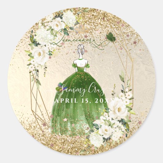 PixDezines Quinceanera H2 Emerald Green Dress Ronde Sticker (Voorkant)