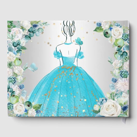PixDezines Quinceanera H2 Flowers Aqua Blue Dress Gastenboek (Achterkant)