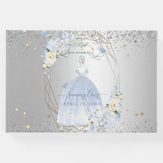 PixDezines Quinceanera H2 Flowers Dusty Blue Rozen Gastenboek (Voorkant)