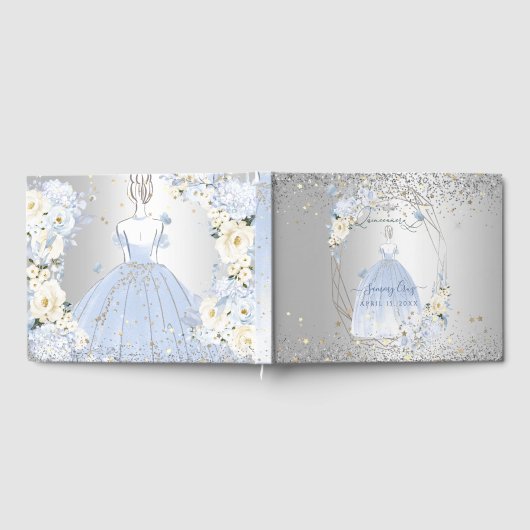 PixDezines Quinceanera H2 Flowers Dusty Blue Rozen Gastenboek (Volledig)