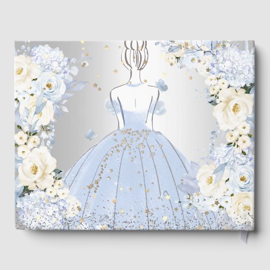 PixDezines Quinceanera H2 Flowers Dusty Blue Rozen Gastenboek (Achterkant)