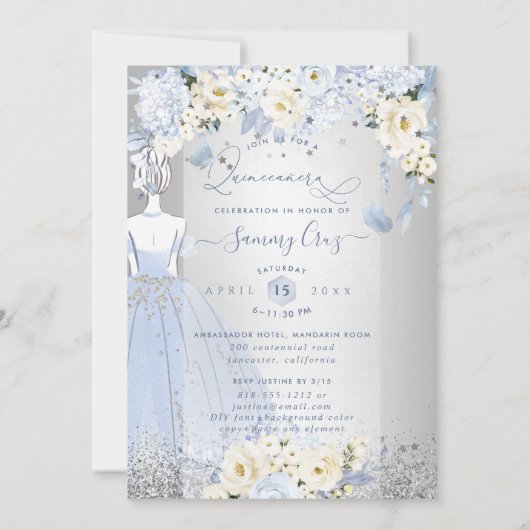 PixDezines Quinceanera H2 Flowers Dusty Blue Rozen Kaart (Achterkant)