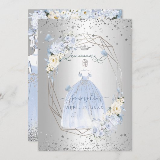 PixDezines Quinceanera H2 Flowers Dusty Blue Rozen Kaart (Voorkant / Achterkant)